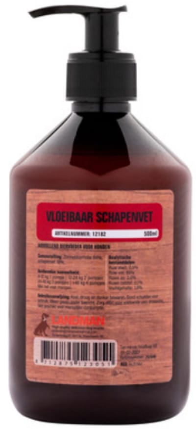 Landman Vloeibaar Schapenvet (500ml) - Supplementen Hond - Voor een glanzende Vacht, extra Energie & gezonde Spijsvertering