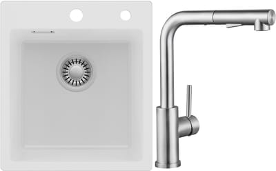 Auralum max Spoelbak Keuken 40x45CM - Spoelbakken Graniet Met Keukenkraan - Enkele spoelbak Wit - Met waterafvoersysteem - Voor 40 cm kast