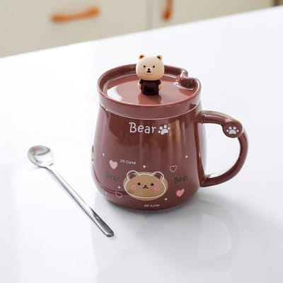 Mug en Céramique Ours Créatif Tasse Couple Dessin Animé Mignon Tasse à Eau avec Couvercle Cuillère Tasse à Café Tasse à Lait pour le Petit Déjeuner 301-400ml