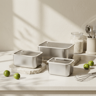 PURE COOK Roestvrijstalen Voedselbewaardozen Set van 3, Luchtdicht met Glazen Dekkels - 1000 ml, 1800 ml, 3000 ml