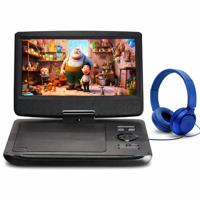 10 Inch - Portable Draagbare DVD Speler met Scherm - Inclusief Blauwe On Ear bekabelde Kids Koptelefoon - Voor Auto & Thuis - Accu + Autoladen + Thuislader - Onderweg - Kinderen