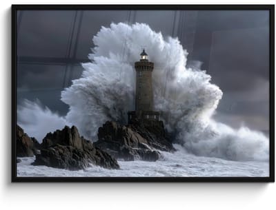Poster in lijst - Fotolijst 120x80 cm - Posters - Golf - Vuurtoren - Schuimend water - Posterlijst zwart - Decoratie - Wanddecoratie woonkamer - Muurdecoratie slaapkamer