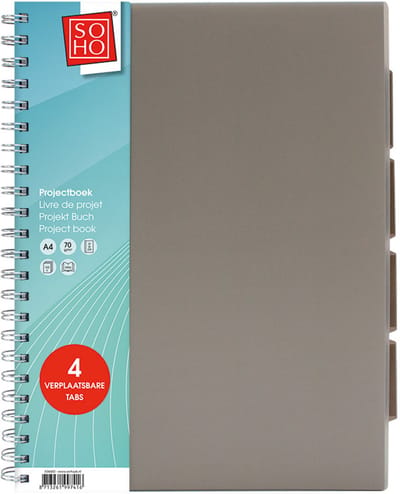 SOHO Projectboek – Collegeblok – Lijntjespapier – 4 verplaatsbare tabs – 23 rings – 120 vellen – A4 – Zwart/Grijs