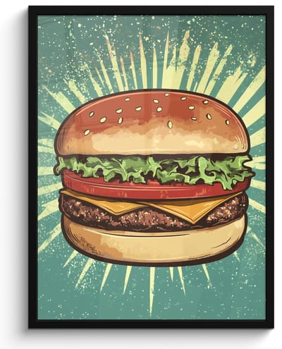 Poster in lijst - Fotolijst 50x70 cm - Posters - Hamburger - Illustratie - Sla - Kaas - Posterlijst zwart - Decoratie - Wanddecoratie woonkamer - Muurdecoratie slaapkamer