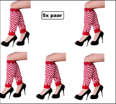 5x Paar Beenwarmers geblokt rood/wit - Been warmer Brabant landen festival thema feest disco fun carnaval optocht