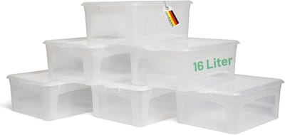 6x opbergdozen met deksel 16L transparante dozen stapelbaar nestbaar opbergdozen met clipsluiting kunststof BPA-vrij 41x34x17 cm