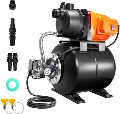 Ondiepe Bronpomp EU 1 PK – 1000 GPH – 5 Gal Druktank – Automatische Irrigatie – Waterdrukverhoger – Thermoplastisch Pomphuis – Oververhittingsbeveiliging – Efficiënte Wateroverdracht – Duurzaam Staal Druktank