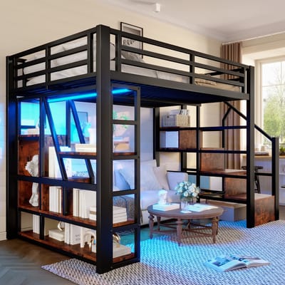 Wishdor – Hoogslaper met opbergrek en treden – 140 x 200 cm – Metaal en MDF – Zwart – Inclusief LED-verlichting – Draagvermogen 300 kg – Veilig hek