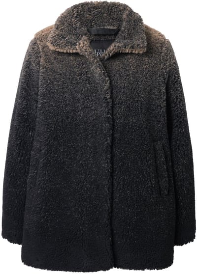 Ulla Popken - Dames - Teddy mantel kleurverloop opstaande kraag drukknopen - Zwart - Maat 42+
