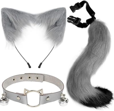 Fluffy Kattenstaart en Oren Set van Neppels voor Cosplay en Feestkleding Accessoire met Leren Ketting