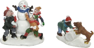 Lumineo kerstdorp figuurtjes - sneeuwpop en hondje - 4,5 x 6 x 5,5 cm - polyresin