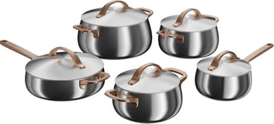 BergHOFF Home Pannenset RVS – 10-delig Kookpannenset met Deksels - PFAS-Vrij – Steelpan Ø16cm – Kookpot Ø18/20/24cm – Hapjespan Ø24cm – Geschikt voor Inductie, Gas, Elektrisch en Keramisch – Oven- en Vaatwasserbestendige Kookpannen - Warm Blush