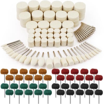 Dailygoods- Polijstschijven 176 Stuks - Wollen Polijstschijven - Polijstset voor Sieraden/Metaal/Glas - Inclusief Polijsthulpstuk - Herbruikbaar - Diverse Afmetingen
