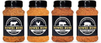 Rowei Specerijen - 3+1 GRATIS - BBQ Pakket - Cadeau pakket - Kruiden - Beef, Chicken, Pork & Pulled Pork Rub - 4 x 300 Gram Strooibus - Rundvleeskruiden - Kipkruiden - Kruiden voor varkensvlees - Pulled pork kruiden - slow cooking