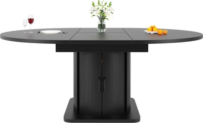 Zwart MDF Uitschuifbare Eettafel Rond Naar Ovaal 118-158cm Met Opslag Voor Keuken Woonkamer