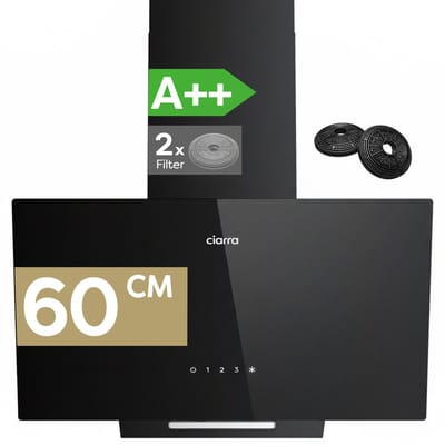 CIARRA VM6750CB - Schuine Afzuigkap 60 cm A++ 362 m³/u - Recirculatie & Luchtafvoer-incl. Koolstoffilter - Touchbediening - met LED - Zwart