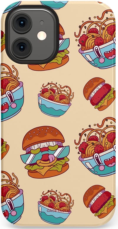 Casetastic Hoesje Geschikt voor Apple iPhone 12 Mini - Stijlvolle Beschermende Duo-layer Case - Cartoon Hamburgers