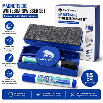 Black Bear Magnetische Whiteboardwisser Set Blauw - Inclusief 2 Uitwisbare Markers (Blauw en Zwart) - 15 cm
