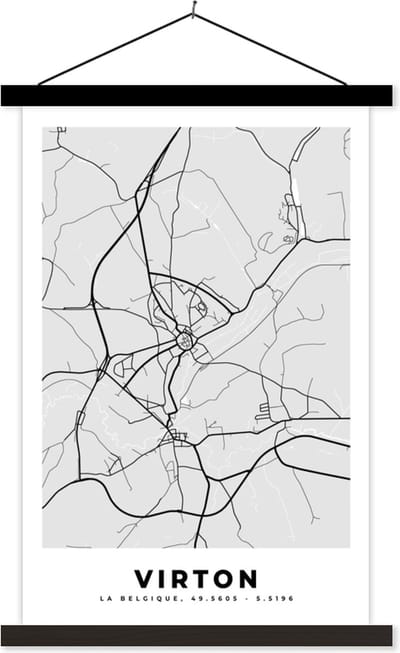 Posterhanger incl. Poster 40x60 cm - Schoolplaat - Stadskaart – Plattegrond – België – Zwart Wit – Virton – Kaart - Textielposter - Zwarte latten - Stadskaart