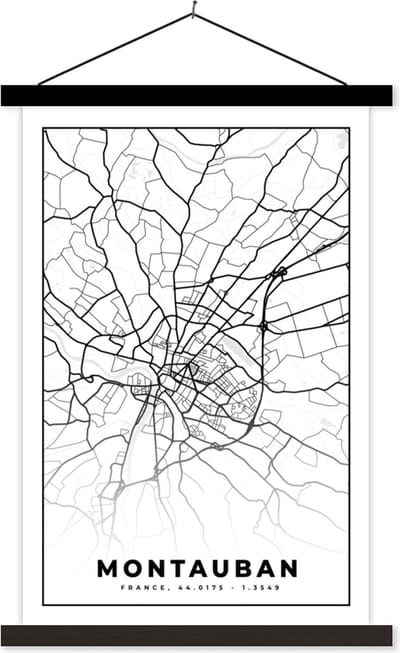 Posterhanger incl. Poster 40x60 cm - Schoolplaat - Frankrijk - Kaart - Montauban - Plattegrond - Stadskaart - Zwart wit - Textielposter - Zwarte latten - Stadskaart