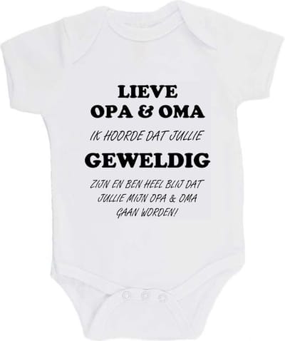 100% katoenen Romper "Lieve opa & oma ik hoorde dat jullie geweldig zijn en ben heel blij dat jullie mijn opa & oma gaan worden!" Unisex Katoen Wit/zwart Maat 62/68