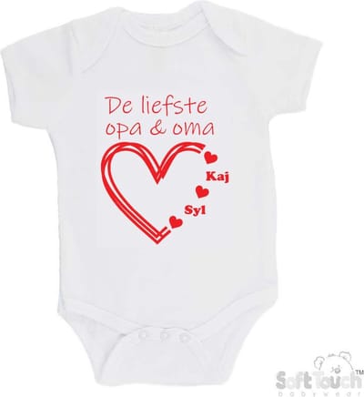 100% katoenen Romper "De liefste opa & oma met de namen van 2 kleinkinderen" Unisex Katoen Wit/rood Maat 62/68