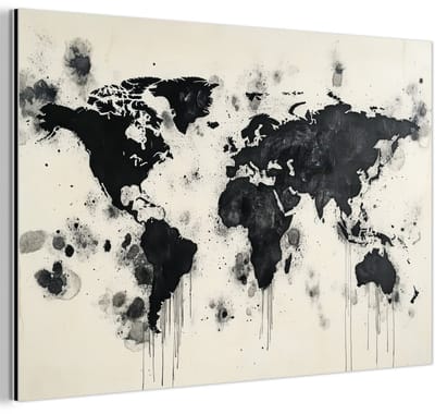 Aluminium schilderij 180x120 cm - Wanddecoratie metaal - Wereldkaart - Zwart - Inkt - Metalen muurdecoratie woonkamer - Decoratie industrieel - Foto op dibond - Industriële accessoires slaapkamer