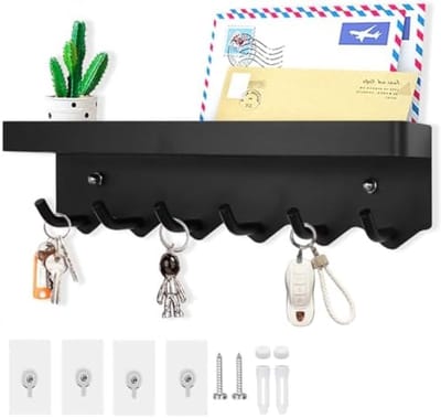 PromoHome 6 Haken Wand Sleutelhouder met Plank - Multifunctioneel Zelfklevend Roestbestendig Metaal Sleutelrek voor Entree, Keuken, Kantoor, Badkamer en Woonkamer - Zwarte Sleutelorganizer met Plank