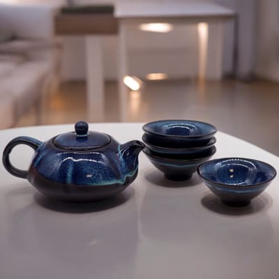 Herbal Blues Theepotset - Pot & Vier Kopjes - cadeau geschenkset vrouwen geschenkset mannen