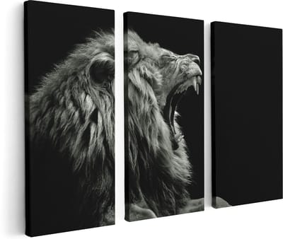 Artaza Canvas Schilderij Drieluik Brullende Leeuw - Leeuwenkop - Zwart Wit - 120x80 - Foto Op Canvas - Canvas Print