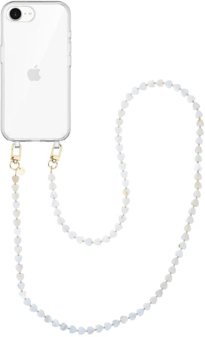xoxo Wildhearts siliconen hoesje - Geschikt voor iPhone 16e hoesje - Shell Hearts (long) - Telefoonhoesje - Hoesje met koord - gekleurde hartjes - Lang koord - Transparant hoesje met telefoonkoord - Beige / Crème