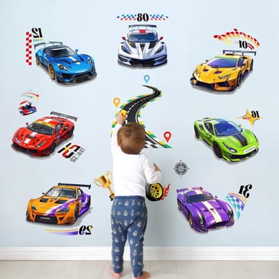 Muurstickers met 7 Raceauto's en Racebaan voor Jongenskamers, Kinderkamer Decoratie en Slaapkamer Versiering