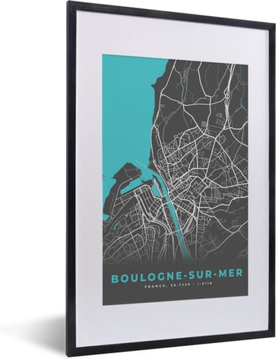 Fotolijst incl. Poster - Frankrijk - Boulogne-sur-Mer - Stadskaart - Kaart - Plattegrond - 40x60 cm - Posterlijst