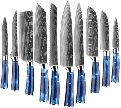 Master Knives Messenset - 10 delig - Koksmes - Japanse mes - Mes - Japanse Damascus Print - Met Luxe Geschenkdoos - Blauw - japanse messen - Keukenmessen
