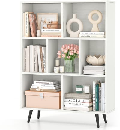 COSTWAY Boekenkast met vakken, staand rek met 3 niveaus en houten poten, kubusrek 107 cm hoog, kantoorrek, opbergrek voor woonkamer, slaapkamer, kantoor (80 cm)