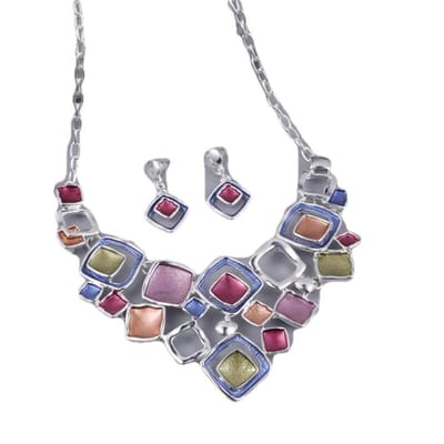 Petra's Sieradenwereld - Ketting metaal emaille vierkant multikleur (EM17)