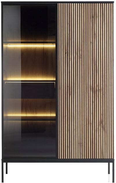 Vente-unique Vitrinekast met 2 deurtjes en 1 lade met ledverlichting van MDF en gerookt glas - Zwart en naturel - OVILA