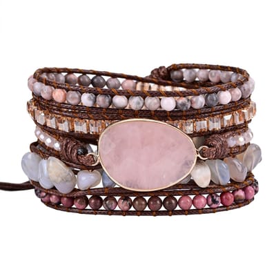 Marama - armband Rose - Rozenkwarts - roze edelsteen - bruin leer - damesarmband - cadeau dames - wikkelarmband - one size fits all
