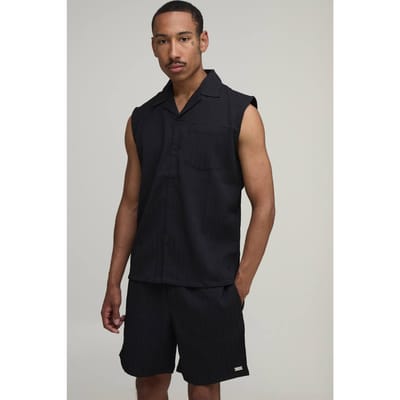 Gestructureerde Geplooide Regular Fit Mouwloze Shirt & Short Set | Black | Size XS