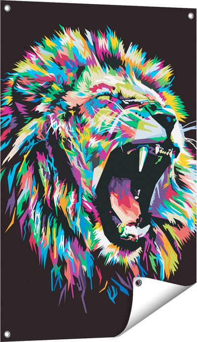 Gards Tuinposter Gekleurde Leeuw - Leeuwenkop - Abstract - 60x90 cm - Tuindoek - Tuindecoratie - Wanddecoratie buiten - Tuinschilderij