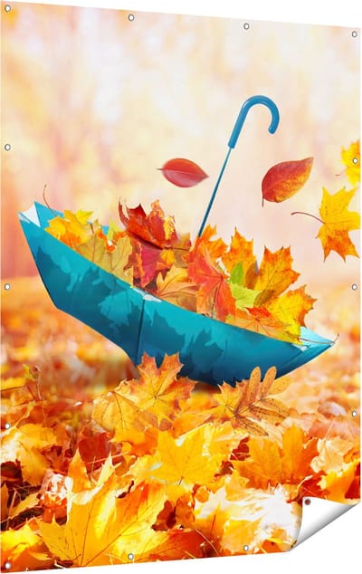 Gards Tuinposter Blauwe Paraplu in de Herfstbos met Bladeren - 120x160 cm - Tuindoek - Tuindecoratie - Wanddecoratie buiten - Tuinschilderij