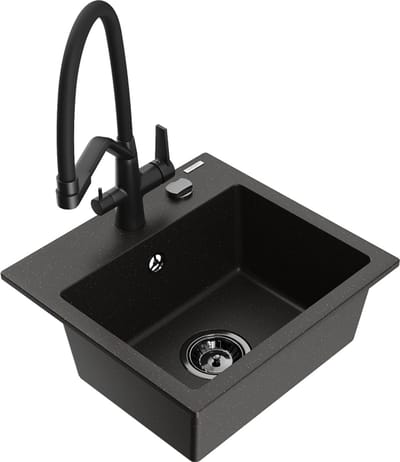 Mexen Milo granieten gootsteen 1-kompartement met keukenmengkraan Duo, zwart/goud metallic - 6505-75-671701-70-B