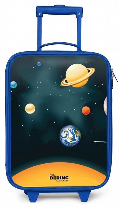 NoBoringSuitcases.com® - Kinderkoffer blauw - Kindertrolley jongen - Ruimte met planeten - Koffer kind lichtgewicht - Reiskoffer trolley voor kinderen - Koffertje met lichtgevende wieltjes - Rolkoffer