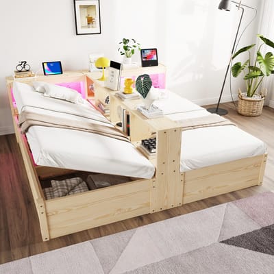 HAUSS SPOLE Slaapbank 90/180x200 cm - Tweepersoonsbed Met Led En Stopcontact - Met Opbergruimte - Zonder Matras - MDF - Houtkleur