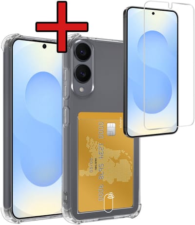 Hoesje - Geschikt voor Samsung Galaxy S25 Edge - Met Screenprotector - Pashouder - Kaarthouder - Back Cover - Telefoon Hoes Shockproof - Siliconen Case - Shock Proof - Pasjes Houder - Telefoonhoes - Transparant