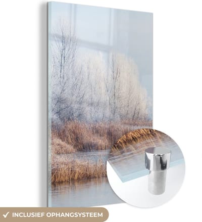 MuchoWow® Glasschilderij 120x180 cm - Schilderij acrylglas - Landschap - Winter - Sneeuw - IJs - Ochtend - Foto op glas - Schilderijen
