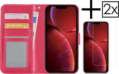Hoesje - Met 2x Screenprotector - Geschikt voor Apple iPhone 14 Pro - Luxe Pasjeshouder - Bookcase Portemonee - Flip Case - Kunstleer Book Case - Flipcase Hoes - Book Cover - Walletcase - Portemonneehoes - Donkerroze