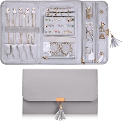 Famanu – Sieradenopslag - waterdichte sieradenopslag - organizer voor sieraden - reizen - sieradenrol - sieradenrol voor sieraden - oorbellen - halskettingen - armbanden (grijs)