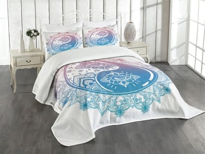 ABAKUHAUS Zen Bedspreidset, Ying Yang Mandala Asian, gewatteerd driedelig dekbed voor tweepersoonsbedden 220 x 220 cm, rozeblauw