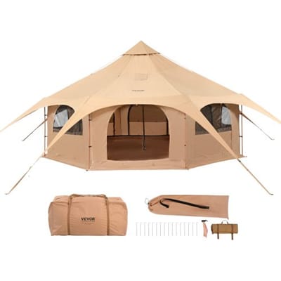 VEVOR Bell Tent 5 x 2,8 m Yurt Tent TC Katoen en stevige ijzeren stokken met een grondzeil van Oxford-stof Kampeertent Familietent 8 ramen Groepstent voor buitenavonturen
